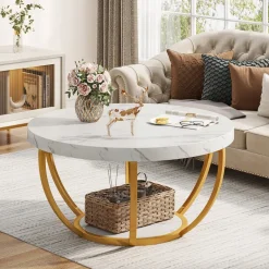 Online Tribesigns Wooden Coffee Table, 2-Tier Round Central Cocktail Table with Shelves