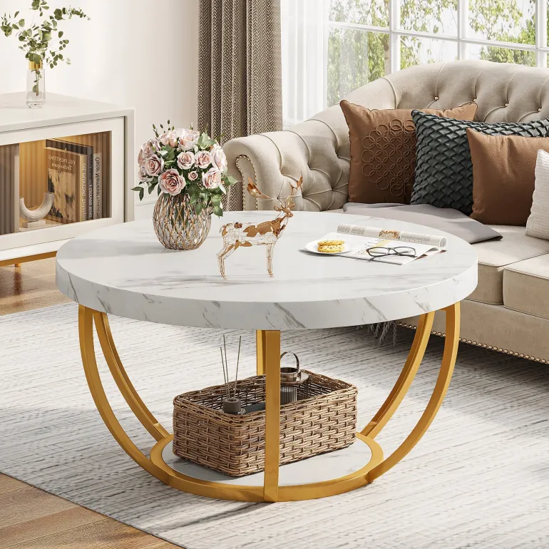 Online Tribesigns Wooden Coffee Table, 2-Tier Round Central Cocktail Table with Shelves