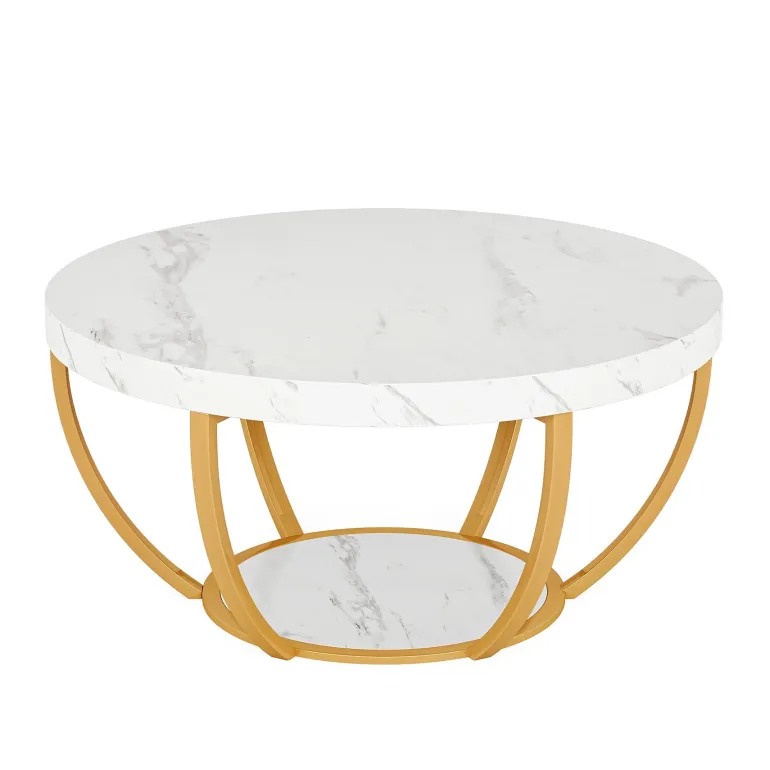 Online Tribesigns Wooden Coffee Table, 2-Tier Round Central Cocktail Table with Shelves