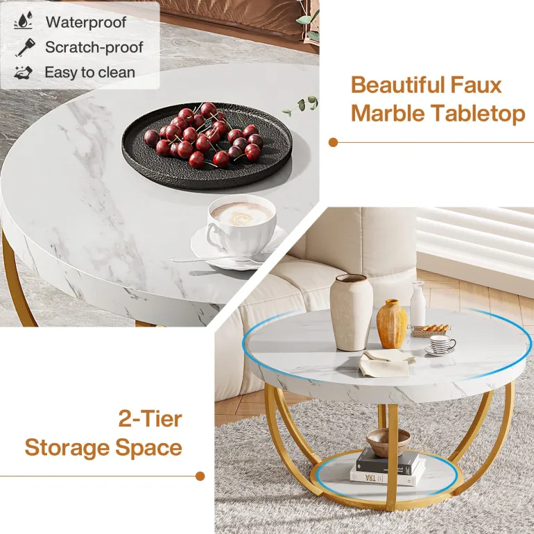 Online Tribesigns Wooden Coffee Table, 2-Tier Round Central Cocktail Table with Shelves