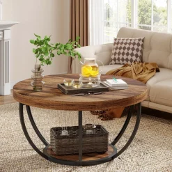 Online Tribesigns Wooden Coffee Table, 2-Tier Round Central Cocktail Table with Shelves