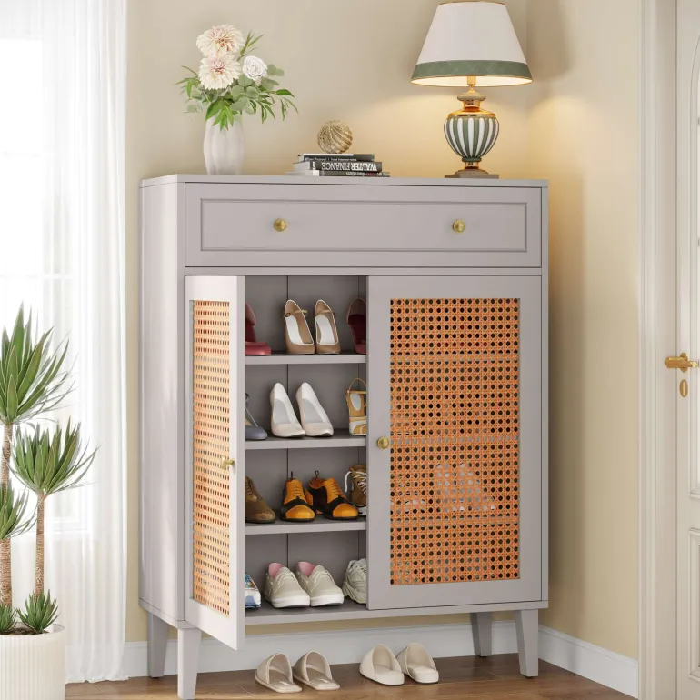 Hot Tribesigns Wooden Shoe Cabinet, Rattan Shoe Organizer with Doors and Drawer