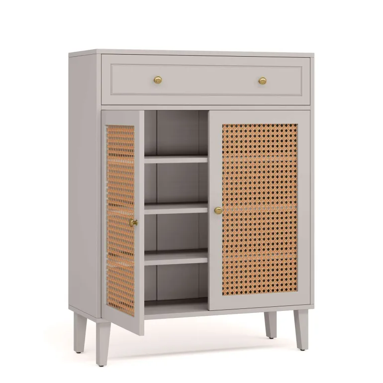 Hot Tribesigns Wooden Shoe Cabinet, Rattan Shoe Organizer with Doors and Drawer