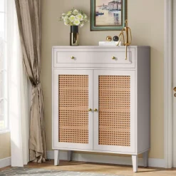 Hot Tribesigns Wooden Shoe Cabinet, Rattan Shoe Organizer with Doors and Drawer