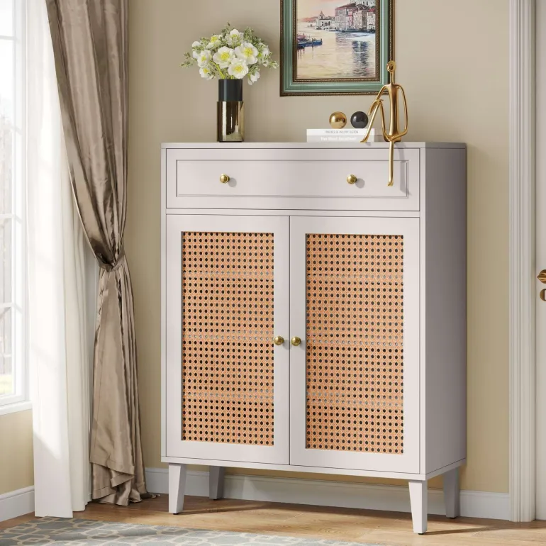 Hot Tribesigns Wooden Shoe Cabinet, Rattan Shoe Organizer with Doors and Drawer
