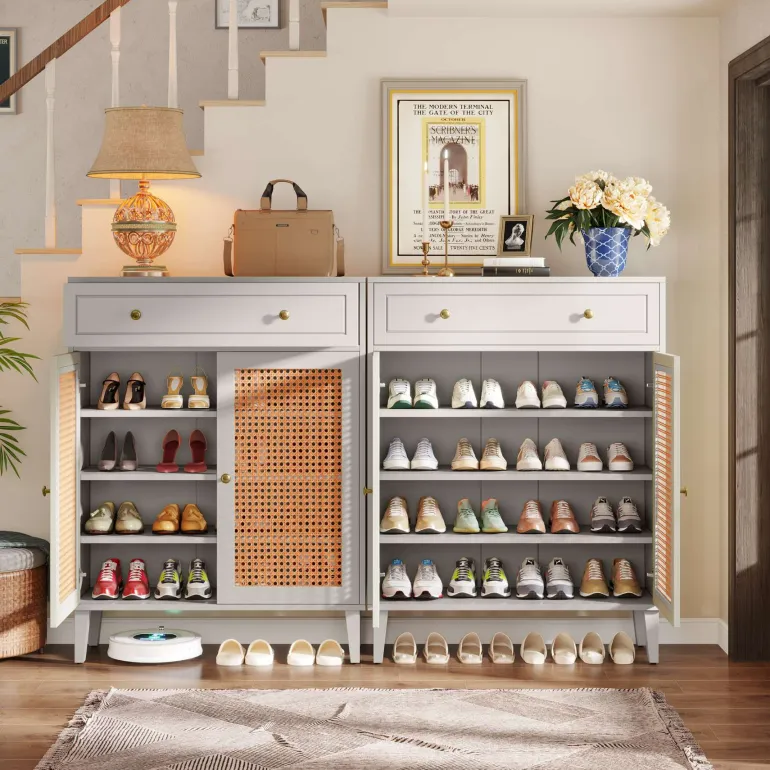 Hot Tribesigns Wooden Shoe Cabinet, Rattan Shoe Organizer with Doors and Drawer