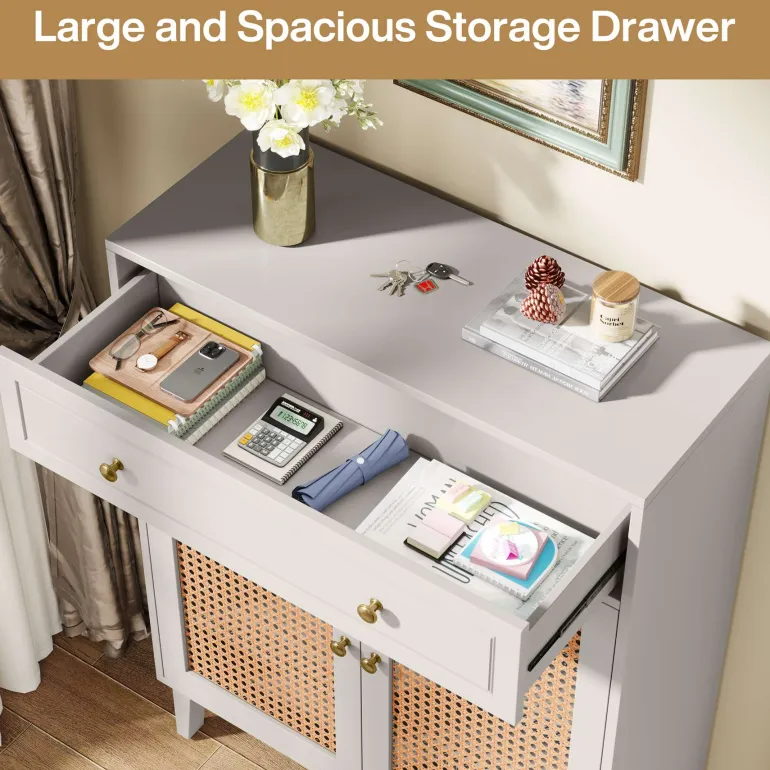Hot Tribesigns Wooden Shoe Cabinet, Rattan Shoe Organizer with Doors and Drawer
